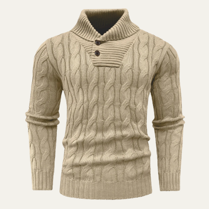 Men's Cable Knit Sweater Shawl Collar Button Neck - Fashinoza