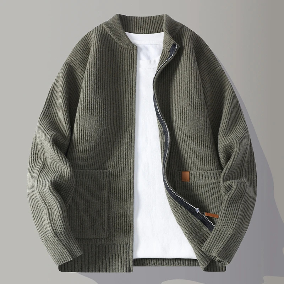 Men's Rib Knit Zip Cardigan Casual Stand Collar