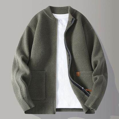 Men's Rib Knit Zip Cardigan Casual Stand Collar