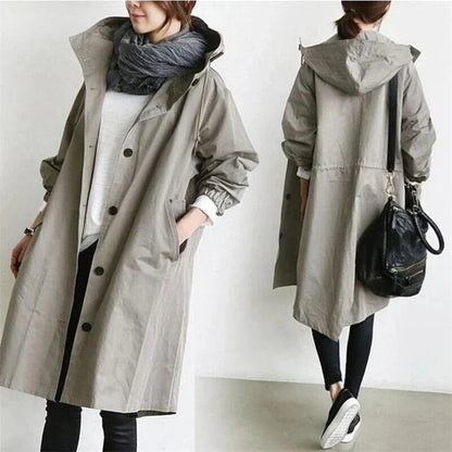 Women's Hooded Trench Coat Oversized Cotton Button Front Beige