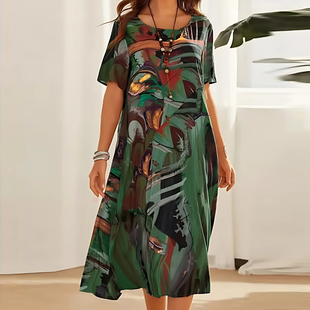 Women's Printed Midi Dress Short Sleeve
