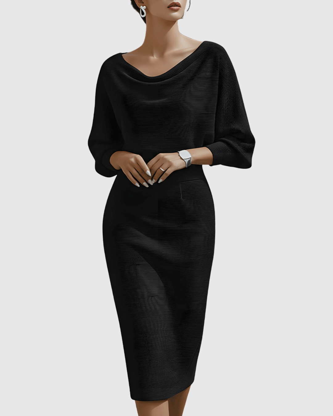 Vivienne Women's Ribbed Midi Dress Batwing Sleeves Cowl Neck - Fashinoza