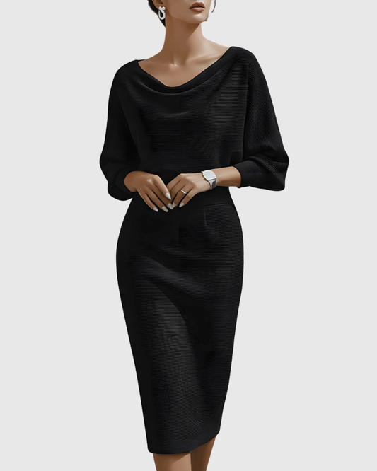 Vivienne Women's Ribbed Midi Dress Batwing Sleeves Cowl Neck - Fashinoza