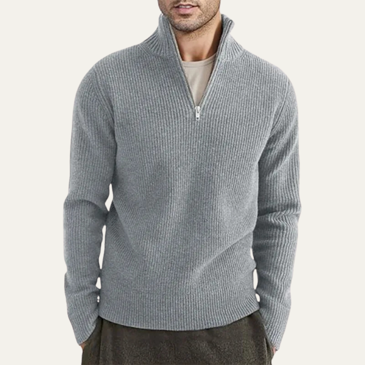 Men's Ribbed Mock Neck Sweater Warm Knit Dark Gray