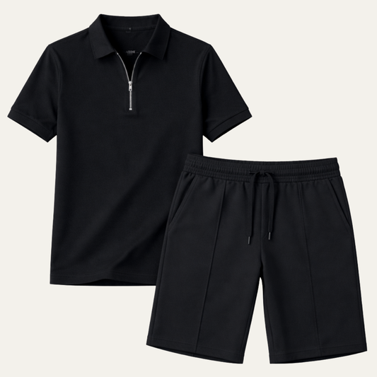 Men's Polo Shirt And Shorts Set Black - Fashinoza