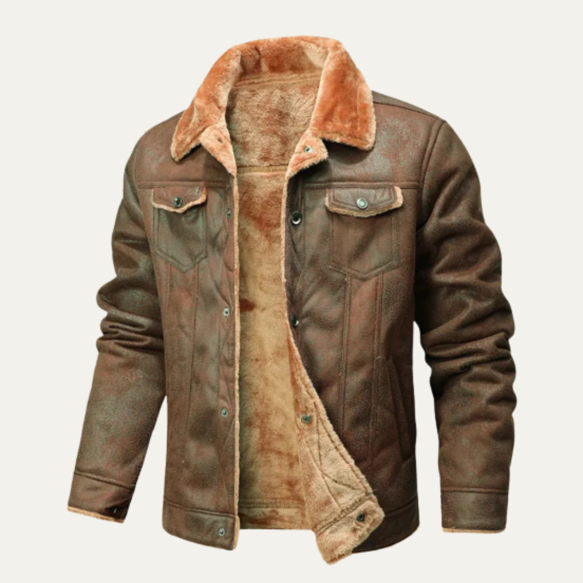 Men's Leather Sherpa Jacket Warm Casual - Fashinoza