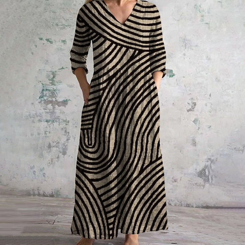 Women's Vintage Striped Midi Dress - Fashinoza