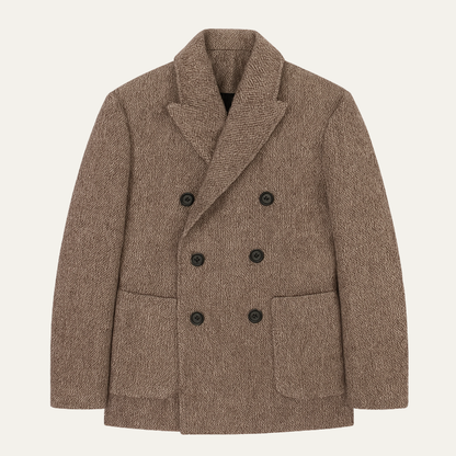 Men's Tweed Blazer Wool Blend Double Breasted Brown - Fashinoza