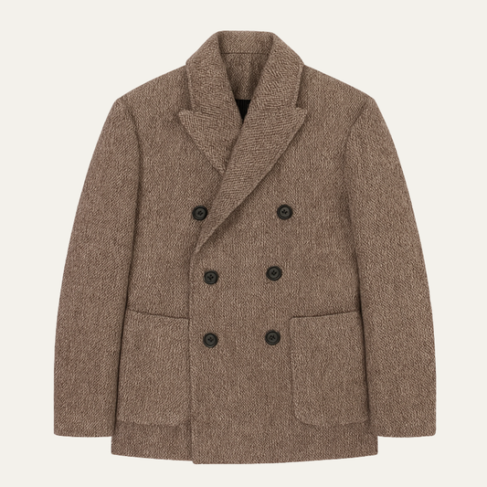 Men's Tweed Blazer Wool Blend Double Breasted Brown - Fashinoza
