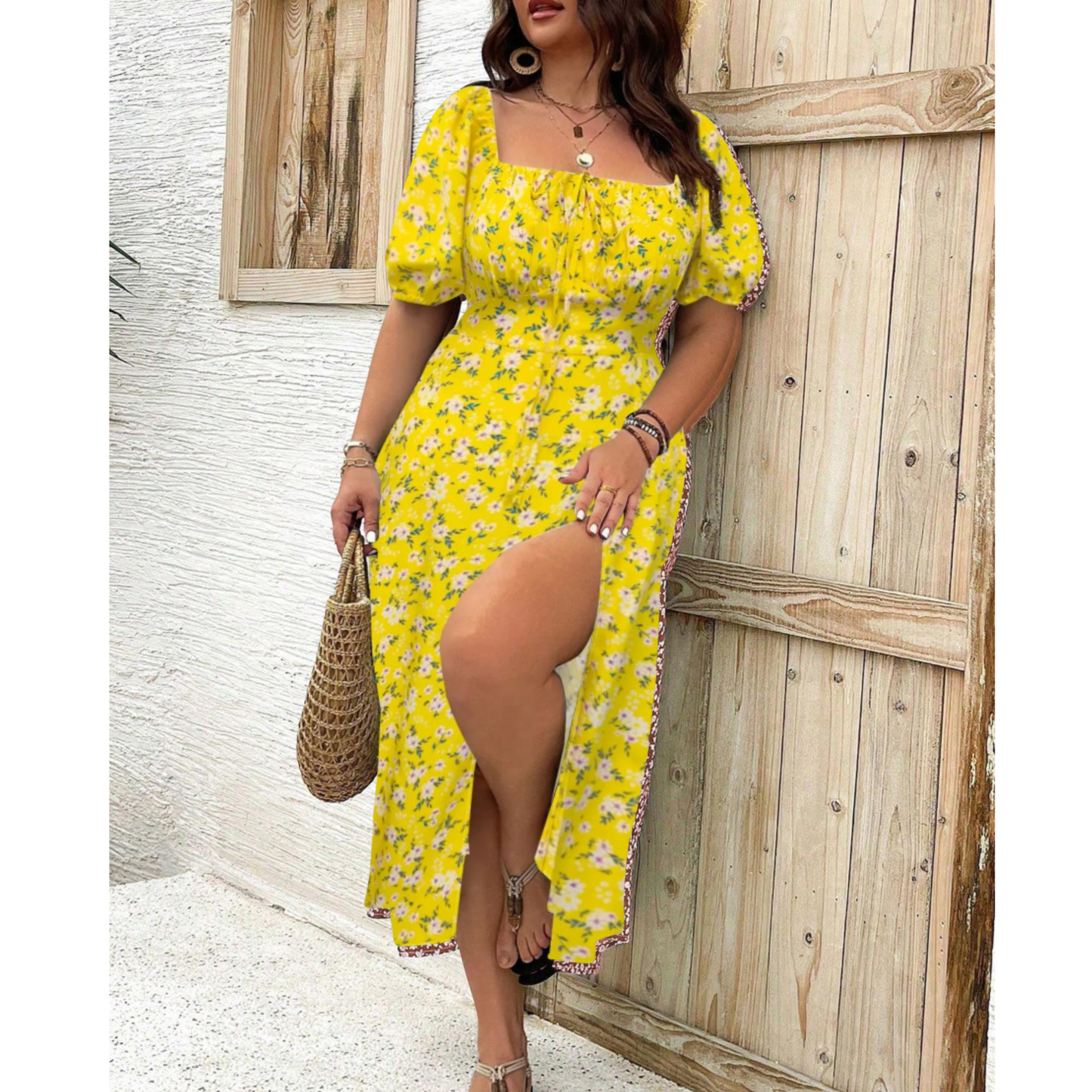 Women's Puff Sleeve Dress Square Neck with Slit