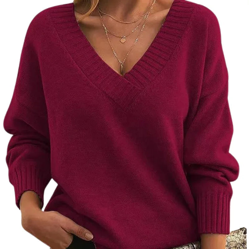 Women's Textured Knit Sweater Relaxed Fit V-Neck Cozy