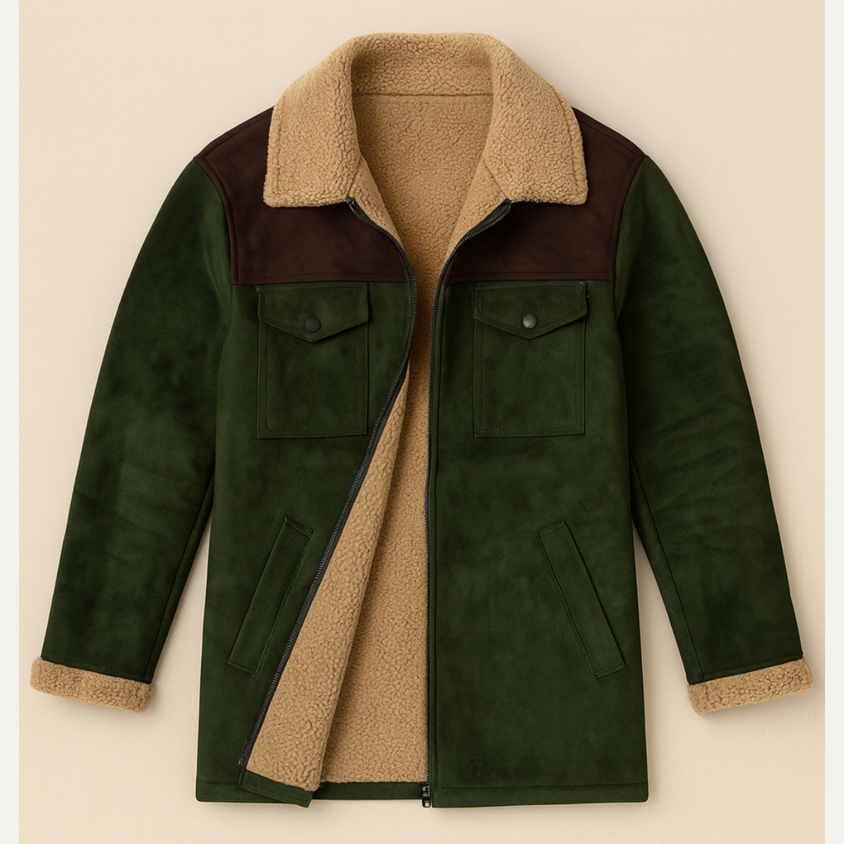 Men's Suede Fleece Lined Jacket With Pockets - Fashinoza
