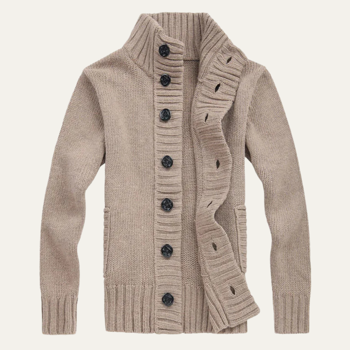 Men's Chunky Knit Cardigan High Neck Button Up Winter Wool