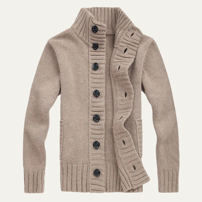 Men's Chunky Knit Cardigan High Neck Button Up Winter Wool