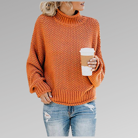 Women's Long Sleeve Knit Sweater Cozy High Neck Beige - Fashinoza