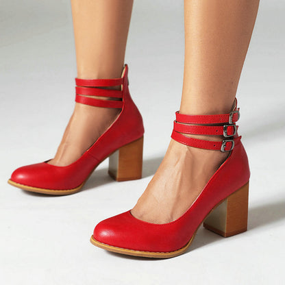 Women's Ankle Strap Sandals Smooth Leather Thick Heel