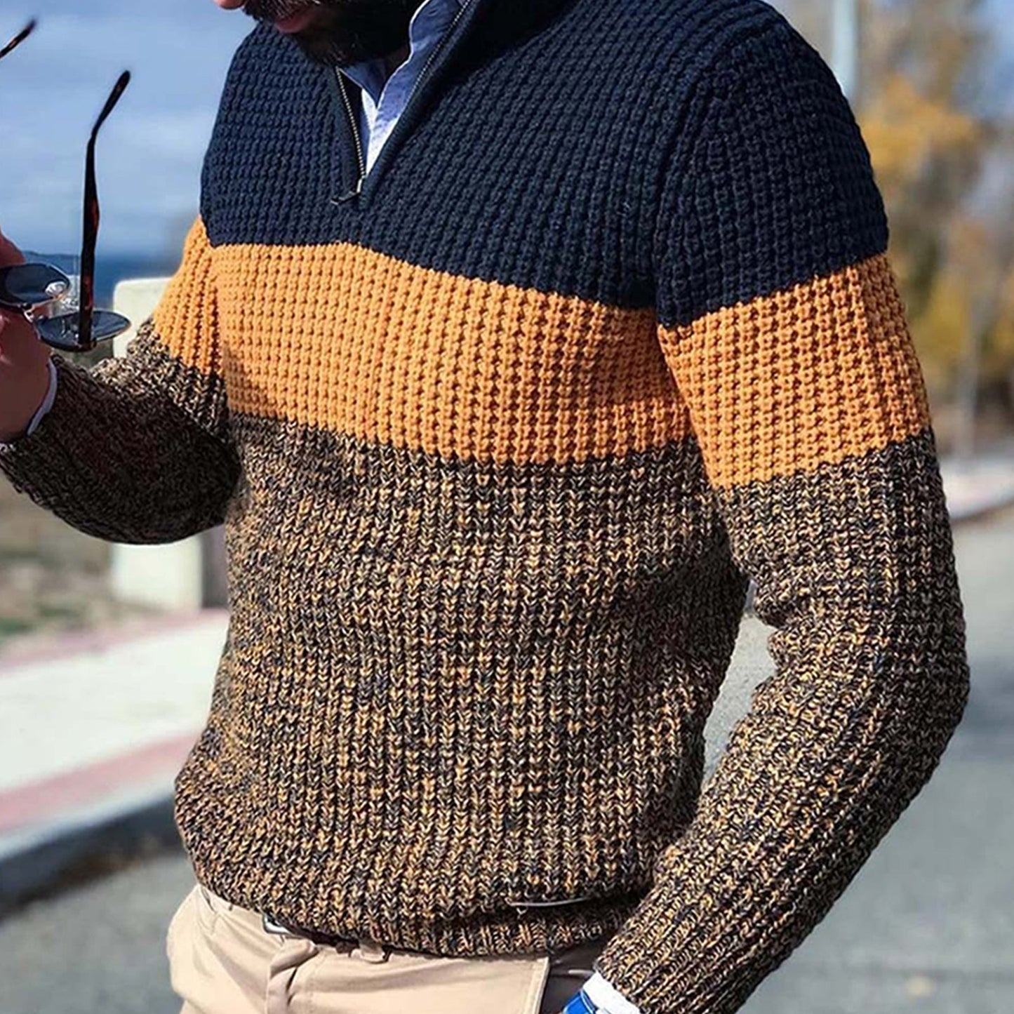Textured Colorblock Half-Zip Sweater