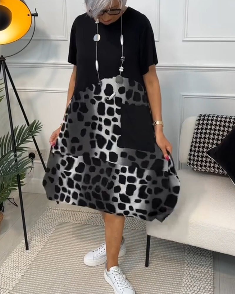 Relaxed Patchwork Midi Dress with Pockets