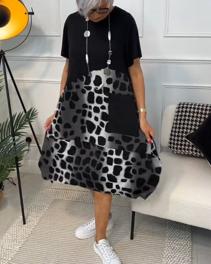 Relaxed Patchwork Midi Dress with Pockets