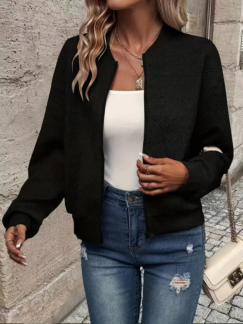 Women's Zip-Up Cardigan Textured Ribbed Hem Long Sleeves