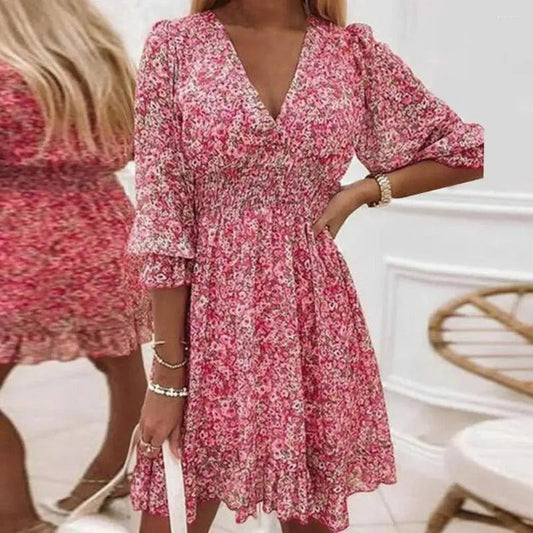 Women's Floral Mini Dress V-Neck Puff Sleeves - 
Fashinoza