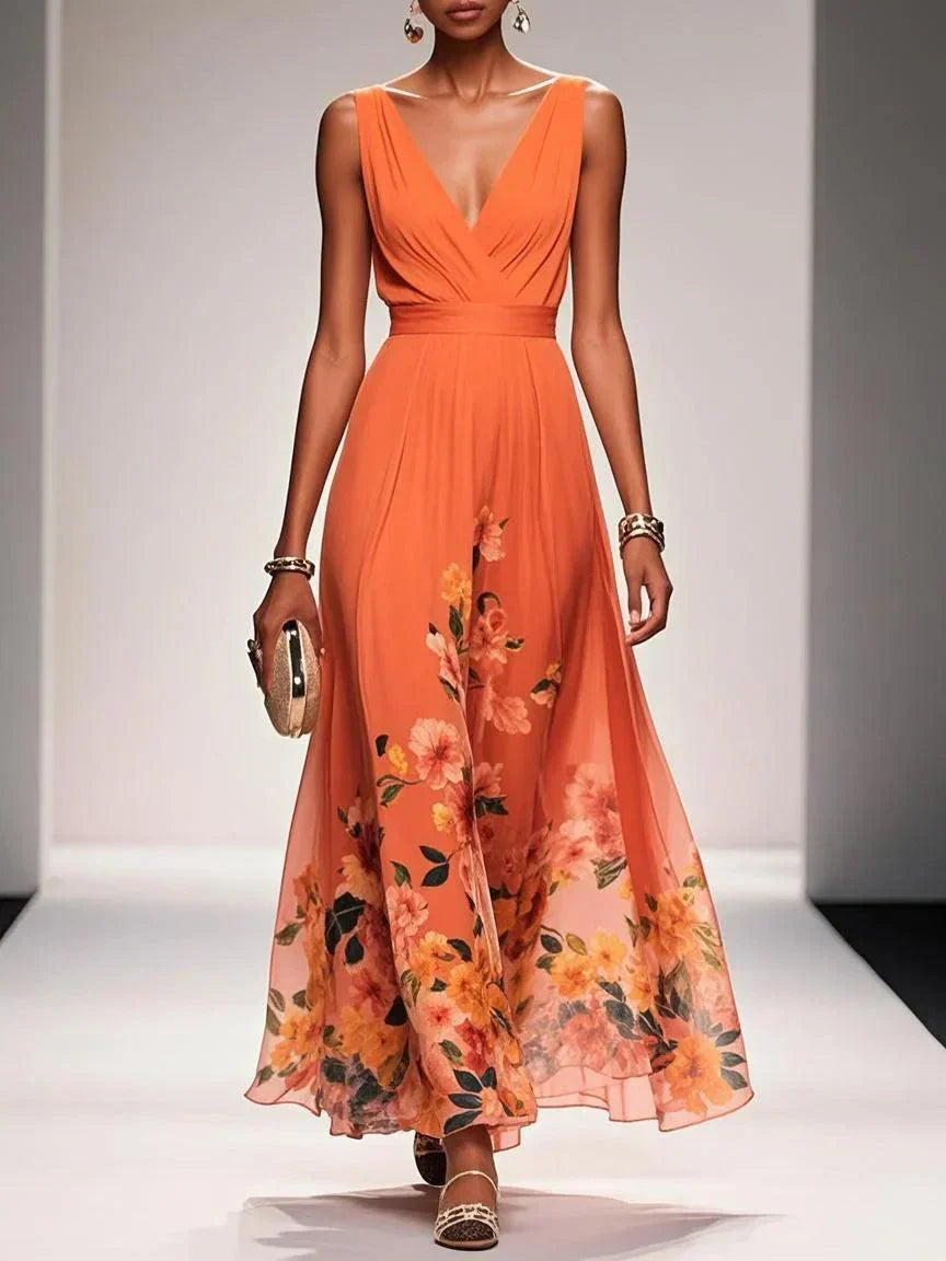Women's Floral Maxi Dress Sleeveless V-Neck