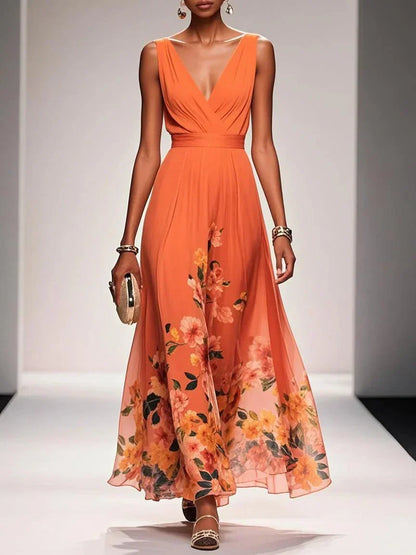 Women's Floral Maxi Dress Sleeveless V-Neck