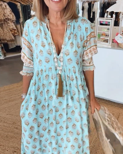 Women's Floral Lace V Neck Flowy Dress