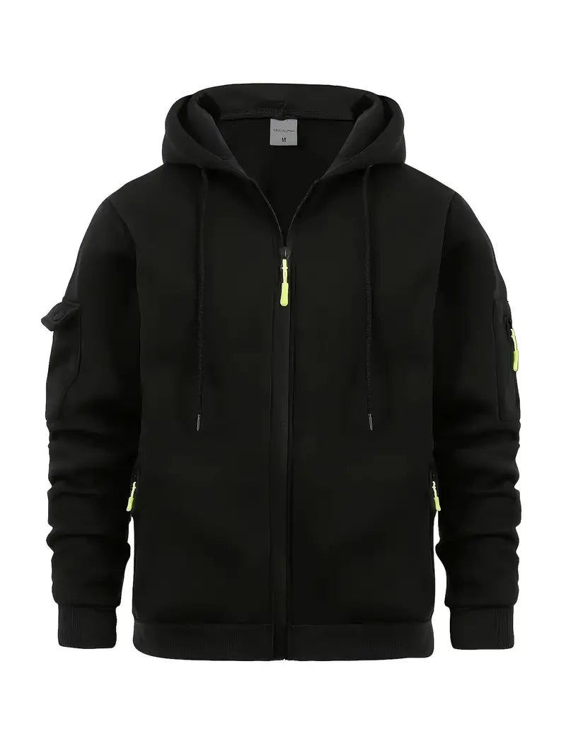 Men's Zip-Up Hoodie Cotton Drawstring Functional Pockets Black