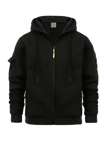 Men's Zip-Up Hoodie Cotton Drawstring Functional Pockets Black