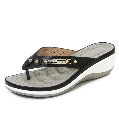 Women's Genuine Cow Leather Wedge Flip Flops with Metal Button Platform Sandals