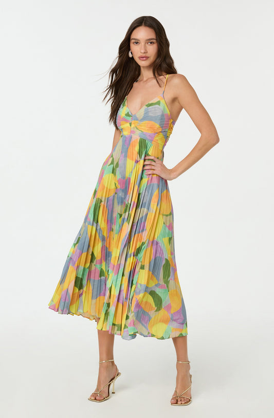 Women's Pleated Midi Dress V-Neck Spaghetti Straps Multicolor - 
Fashinoza