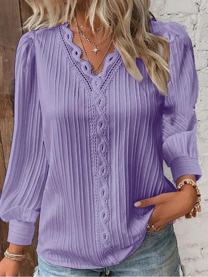 Women's Pleated V Neck Blouse Long Sleeve
