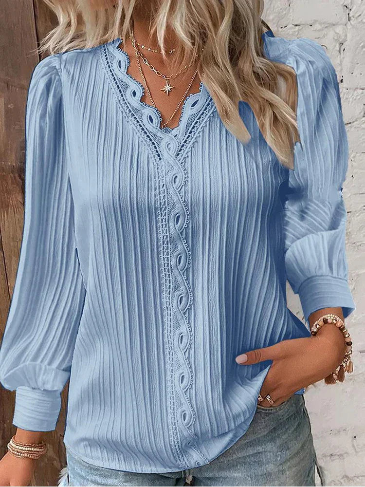 Women's Pleated V Neck Blouse Long Sleeve
