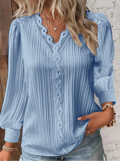 Women's Pleated V Neck Blouse Long Sleeve