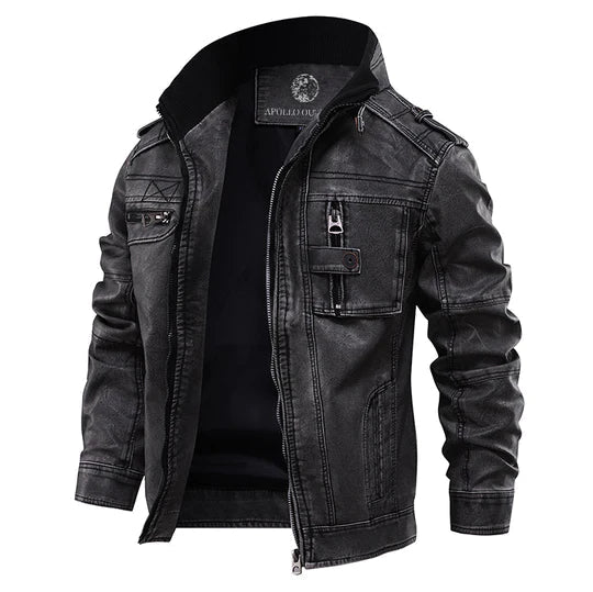 Men's Leather Jacket Stand Collar Zippered Chest Pocket Black - Fashinoza