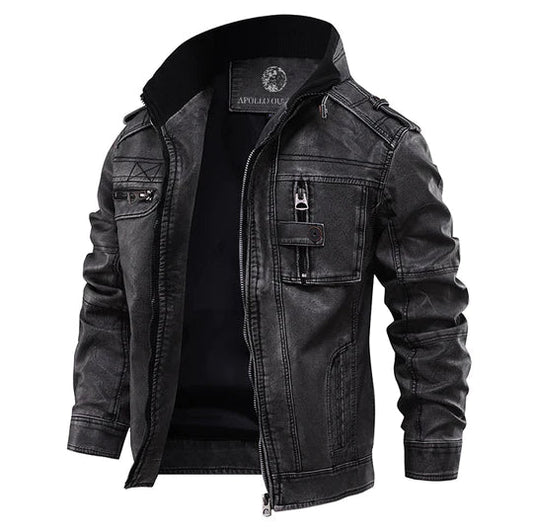 Men's Leather Jacket Stand Collar Zippered Chest Pocket Black - Fashinoza