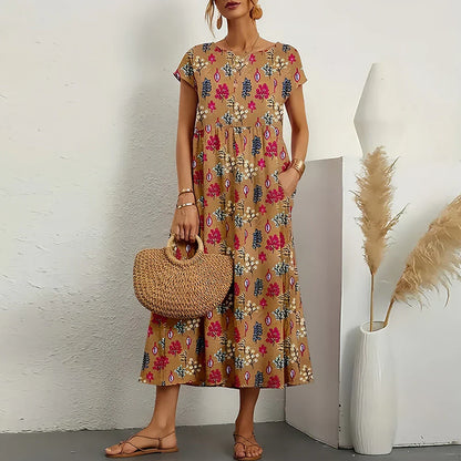 Women's Cotton Linen Midi Dress - Fashinoza