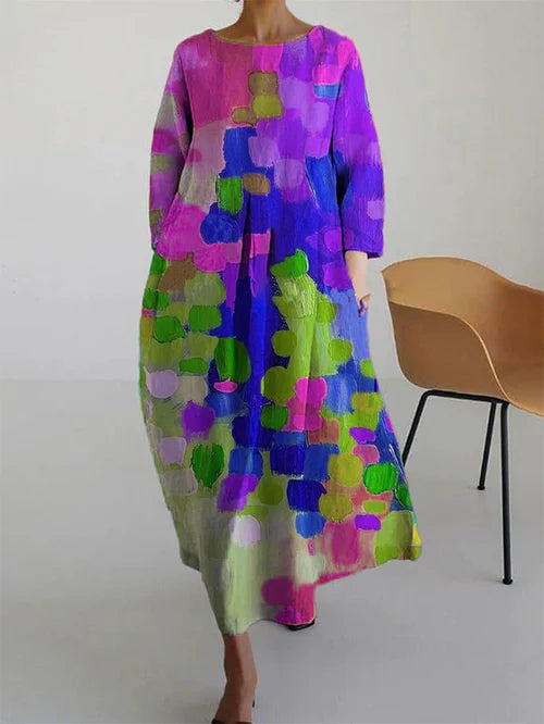 Women's Maxi Dress Abstract Print Long Sleeve Round Neck - 
Fashinoza