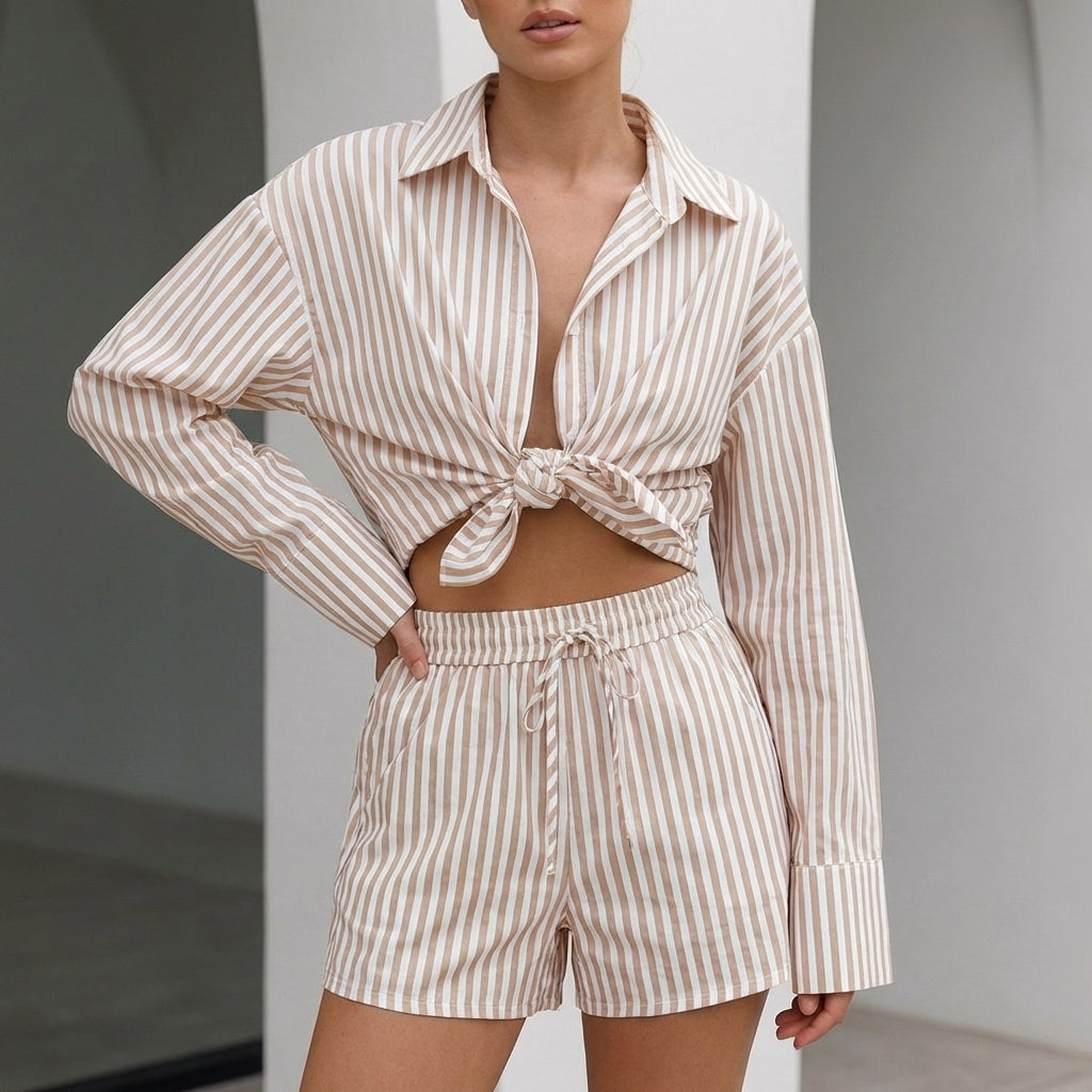 Women's Oversized Collared Shirt And Shorts Set