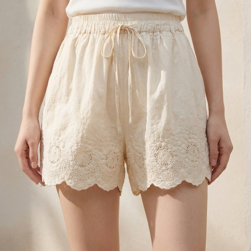Women's Embroidered Lace Shorts Drawstring Waist - 
Fashinoza