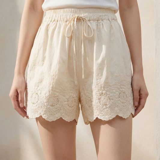 Women's Embroidered Lace Shorts Drawstring Waist - 
Fashinoza
