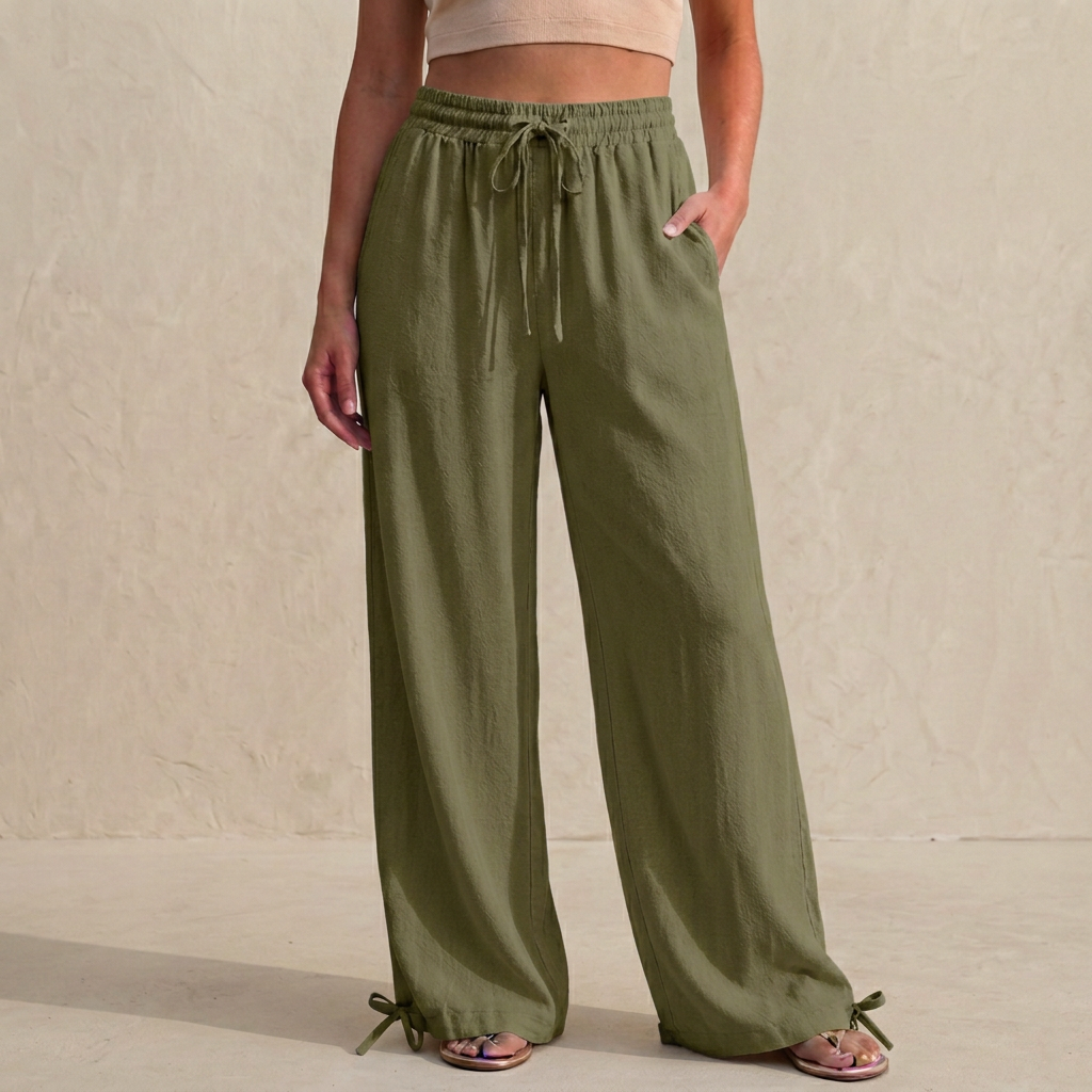 Women's Relaxed Fit Wide Leg Trousers Drawstring Ankle Tie