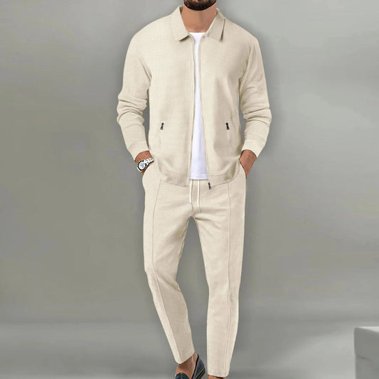 Men's Textured Tracksuit Beige Lightweight - Fashinoza