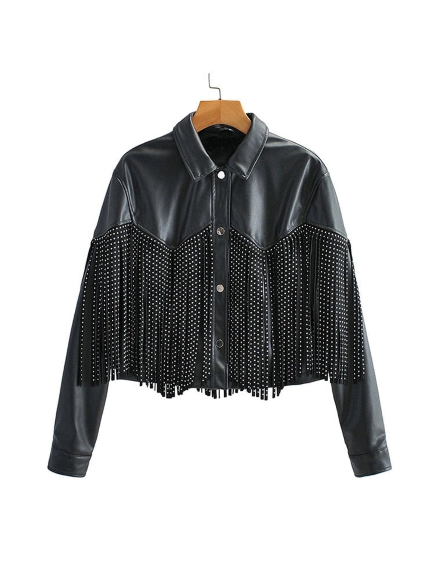 Women's Studded Leather Jacket Black - Fashinoza