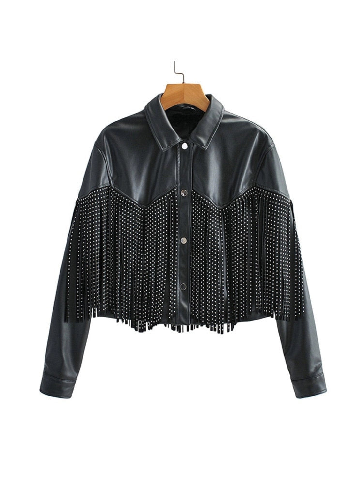Women's Studded Leather Jacket Black - Fashinoza