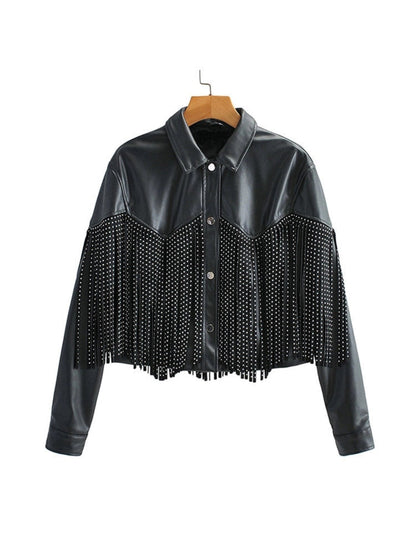 Women's Studded Leather Jacket Black - Fashinoza