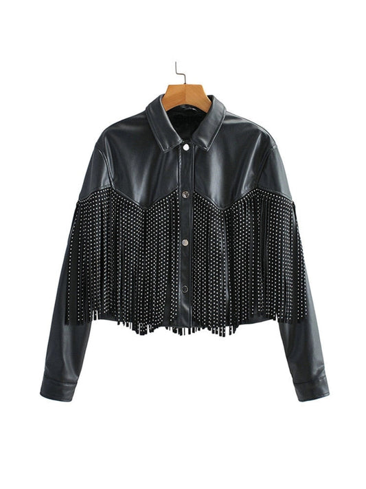 Women's Studded Leather Jacket Black - Fashinoza