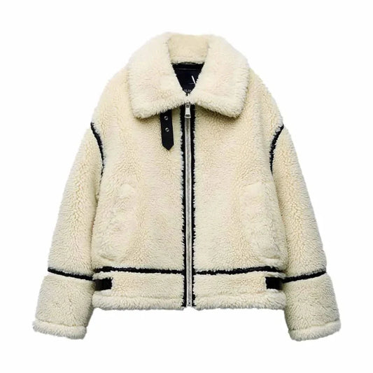 Women's Sherpa Fleece Jacket Ivory Zip-Up - Fashinoza