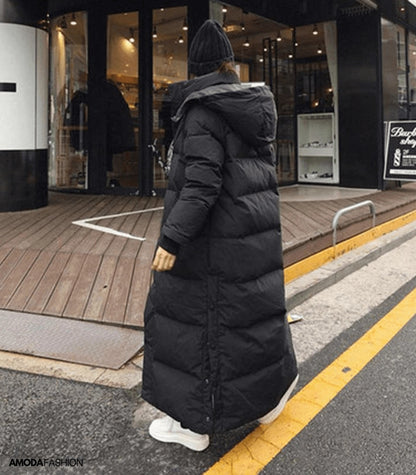 Women's Long Black Puffer Coat Quilted Full-Length - Fashinoza